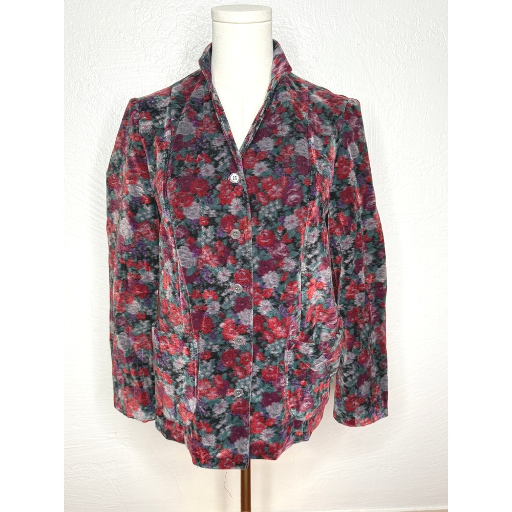 Vintage Pykettes Floral Velvet Blazer Size 10 Red Gray Purple Button Front